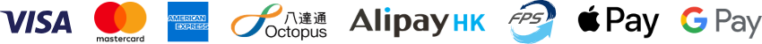 Accepted payment methods: Visa, Mastercard, Amex, Octopus, AlipayHK, FPS, Apple Pay, Google Pay